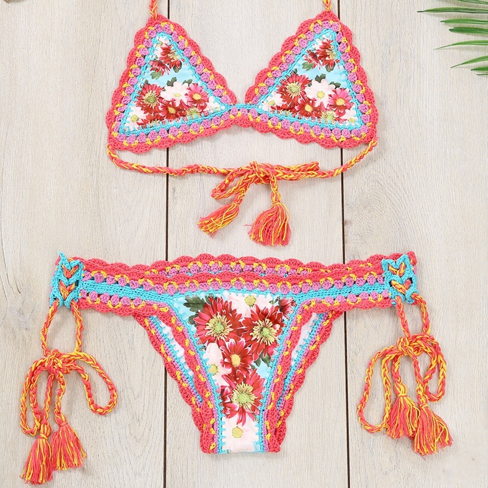 Hippie Hooray Boho Gypsy Floral Crochet Bikini - Picture 3 of 8